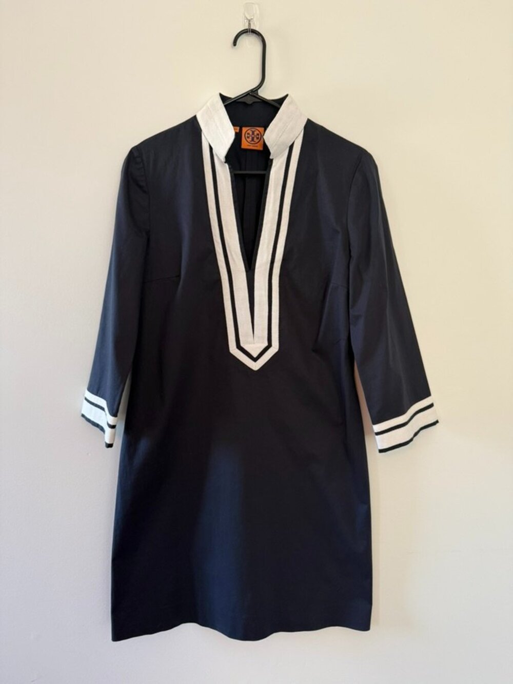 Tory Burch Navy Blue White Trim Split Neck Cotton Tunic Resortwear Dress Size 6